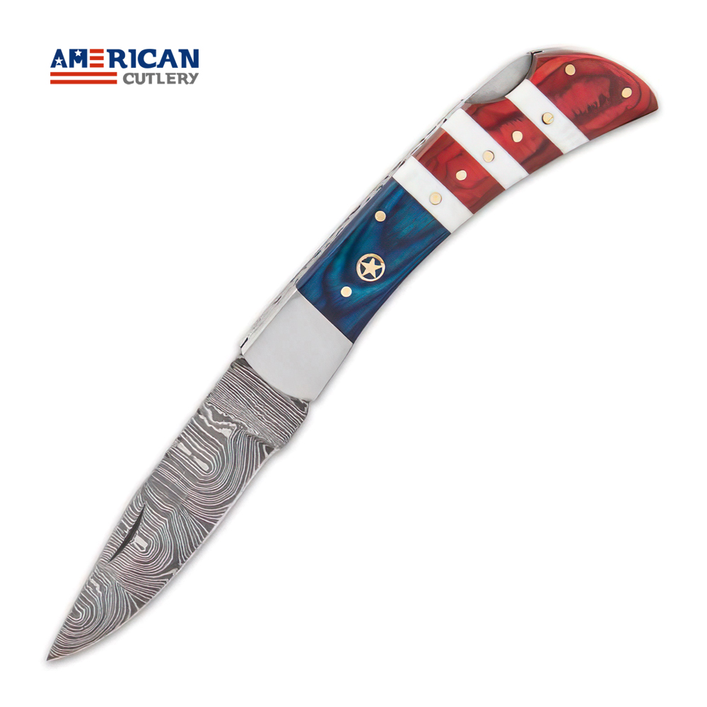 Handmade USA Tribute Damascus Steel Pocket/Hunting Knife with Leather Sheath by American Cutlery