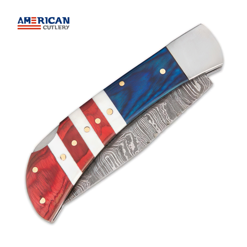 Handmade USA Tribute Damascus Steel Pocket/Hunting Knife with Leather Sheath by American Cutlery