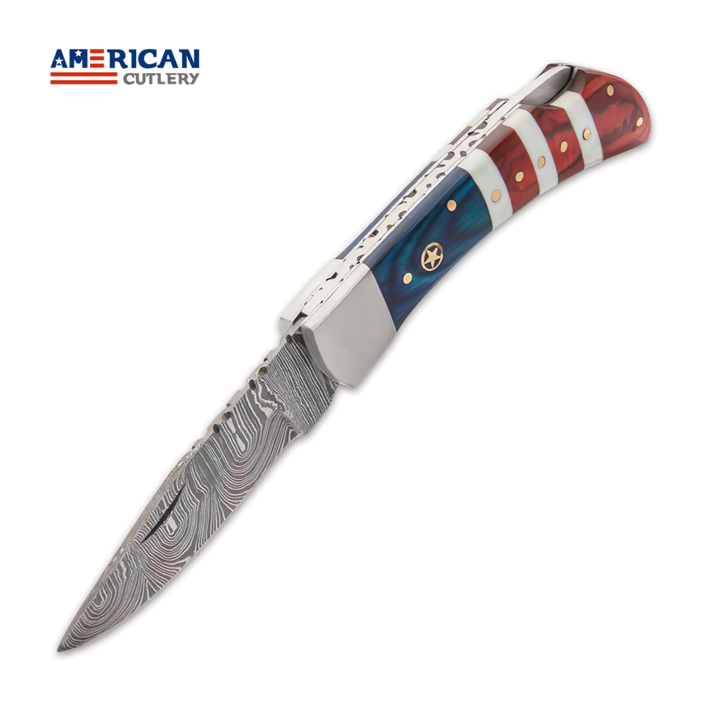 Handmade USA Tribute Damascus Steel Pocket/Hunting Knife with Leather Sheath by American Cutlery